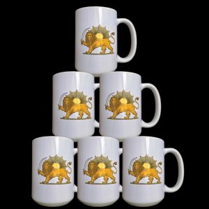 Six ceramic mugs featuring the Iranian Lion and Sun emblem