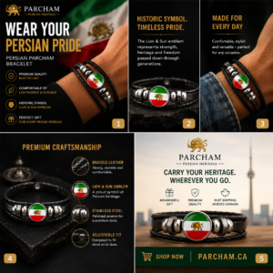 Instagram carousel showcasing the PARCHAM Persian Flag Bracelet featuring the historic Lion & Sun emblem