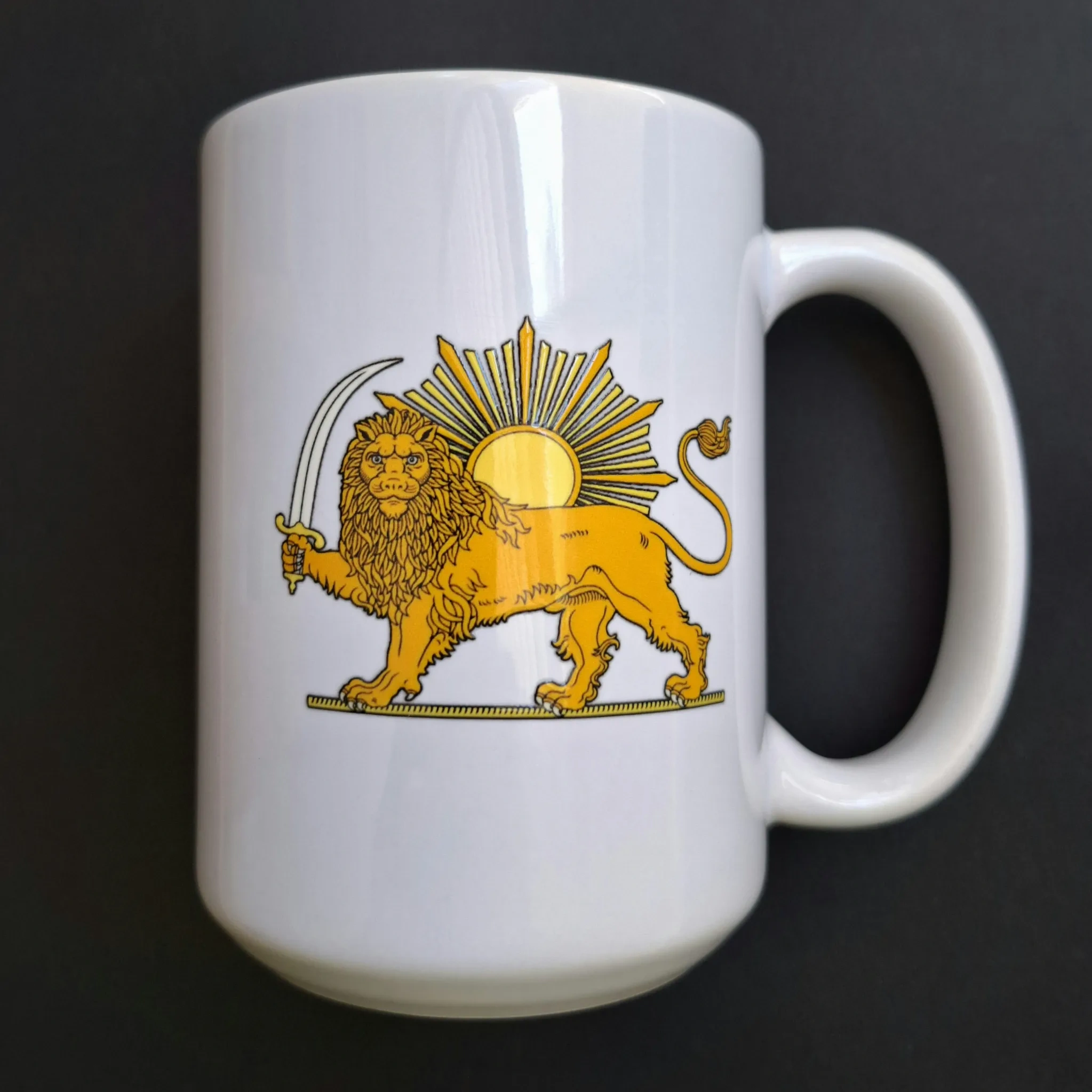 White ceramic mug featuring the historic Persian Lion and Sun emblem, available from PARCHAM Canada.