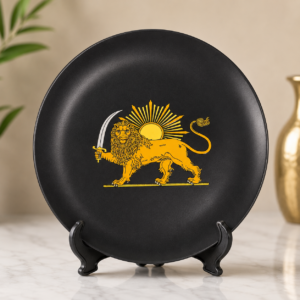 Matte black ceramic Lion and Sun decorative plate with gold 3D Persian emblem and display stand