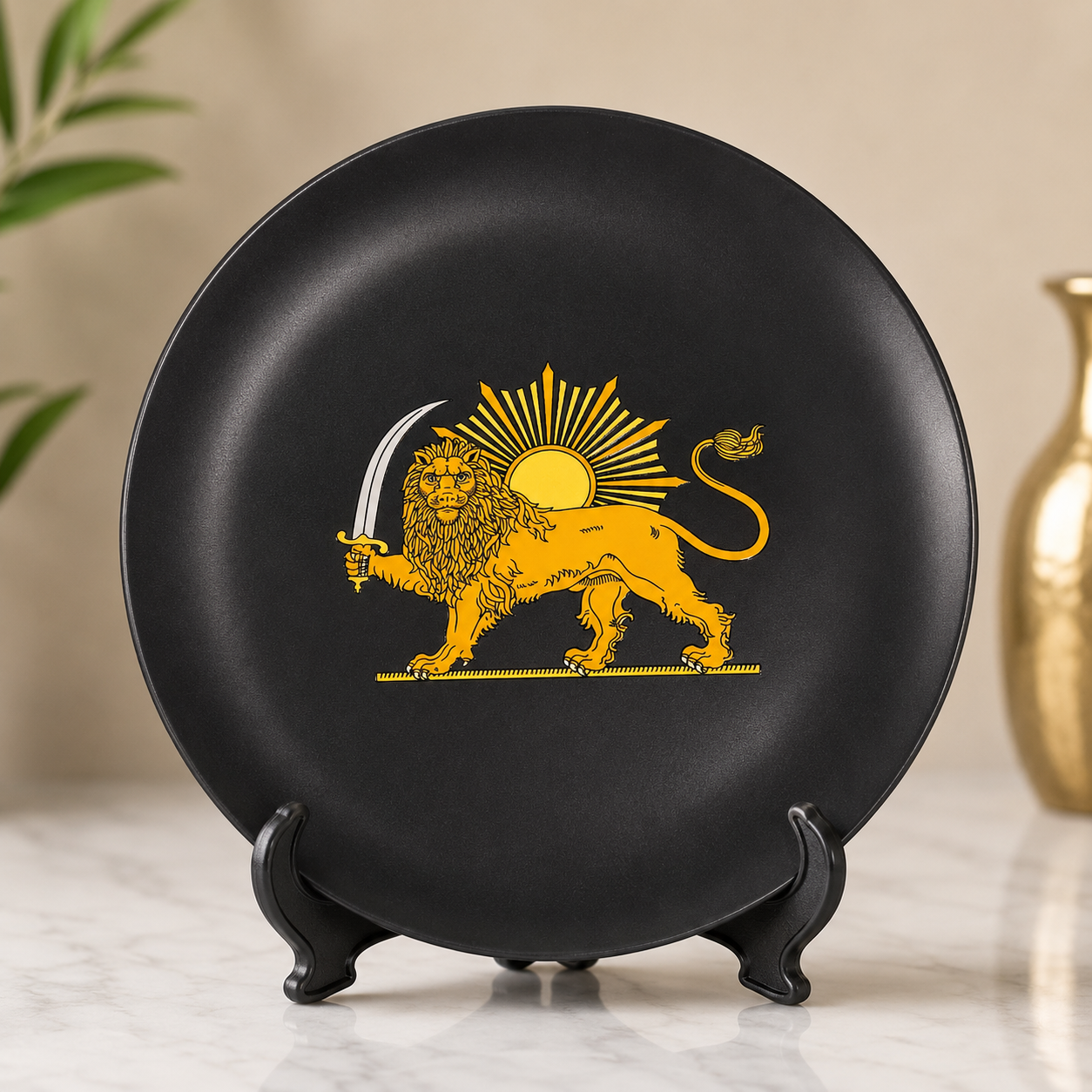 Matte black ceramic Lion and Sun decorative plate with gold 3D Persian emblem and display stand