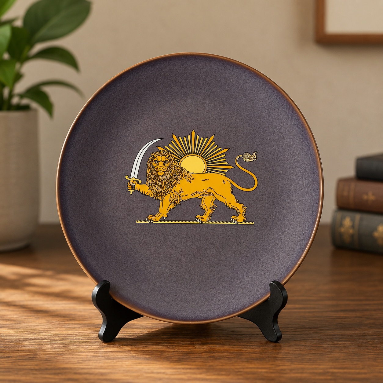 Lion and Sun decorative ceramic plate with 3D emblem, 26 cm, by PARCHAM
